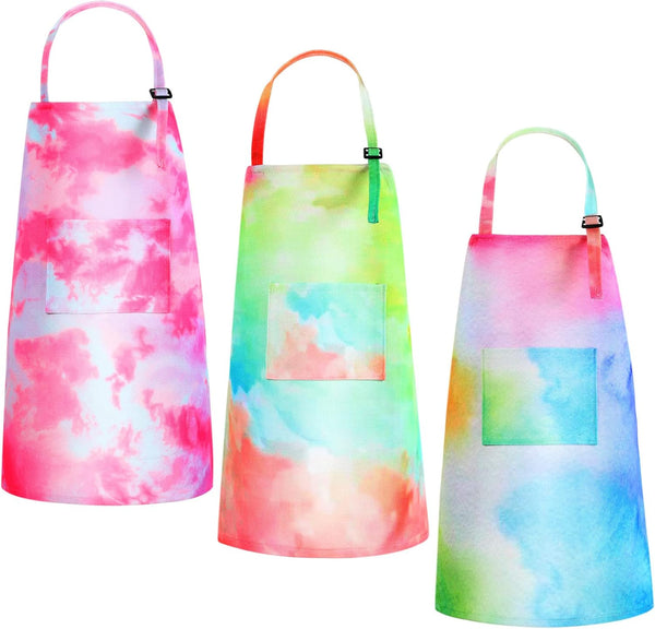 3 Pieces Adjustable Tie Dye Art Apron for Kids - Cute Artist Painting Apron with Pocket for Boys Girls, 3 Styles -