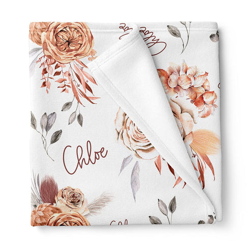Stork Wares Boho Caramel Floral Personalized Baby Girl Swaddle Blanket, White, 30x40', (BB335)