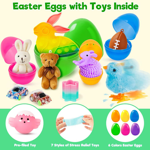 30 Pack 4 IJIGU Prefilled Easter Eggs with Toys, Bulk Mix Sizes Plastic Easter Eggs with Toys Inside, Surprise Eggs