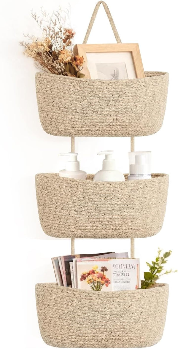Dahey Over The Door Hanging Basket 3-Tier Woven Boho Wall Mounted Storage