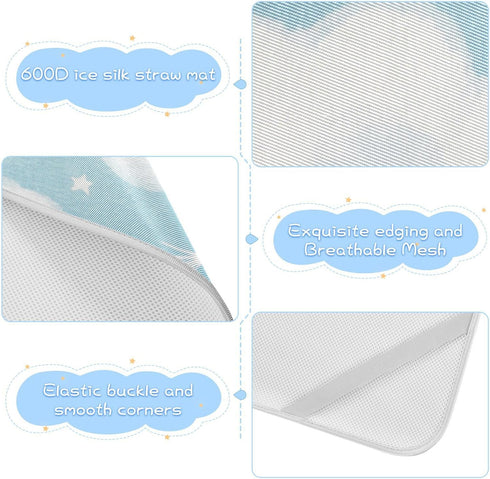voucong 28" 52" Blue and White Moon Clouds Cooling Baby Mattress Cover x Washable Crib Padding for Sides