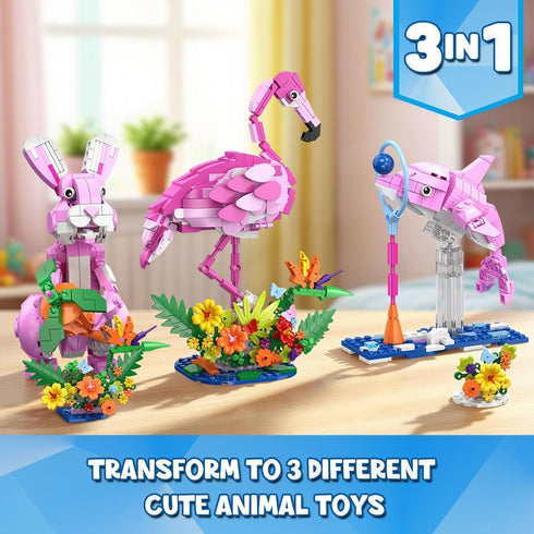 3 1 Set 3 558PCS 6+ HOGOKIDS Easter Bunny in Pink Building with Flowers, Animal Figure with Building Options