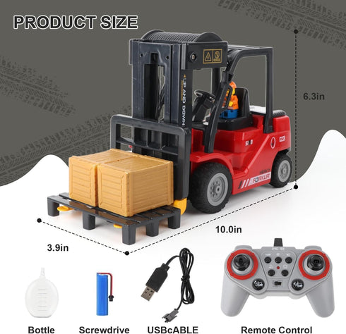 Set 11 6+ RC Forklift with Trailer, Kids Forklift Construction Toys with Lift Fork & Hook & Flatbed, Channel Kids
