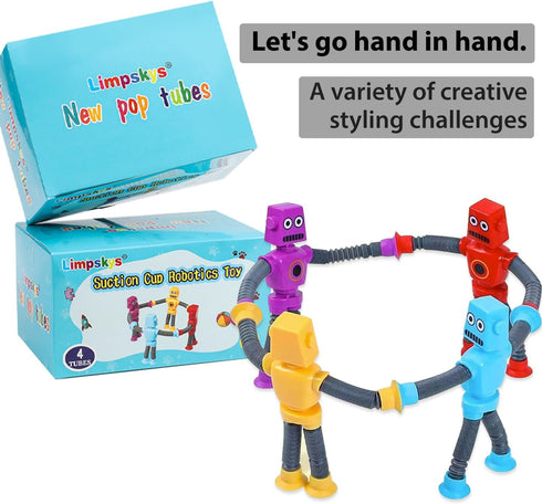 Suction Cup Robot Toy,Robot Toys,Robot Toys for Kids 3-5 5-7,pop Tubes Robots,Suction Cup Toys,Mini Robot,Autism Sensory Products,Toys for Ages 5-7,Sensory Toys for Kids with Autism (4 Pack Robot)