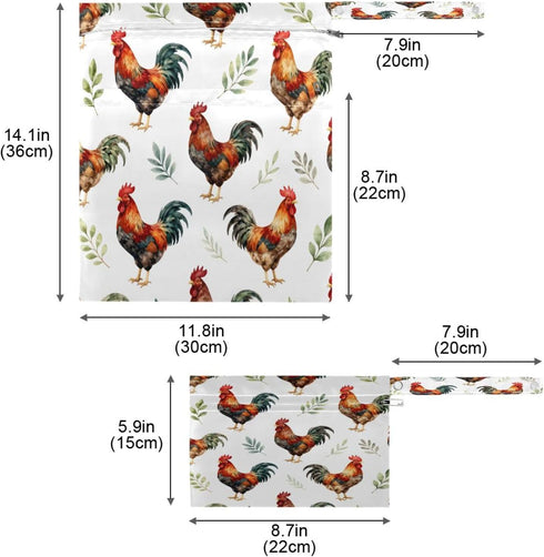 Haskirky 2 Watercolor Roosters Pcs Cloth Diaper Wet Dry Bags,Waterproof and Washable Bag for Travel Reusable Wet Bag
