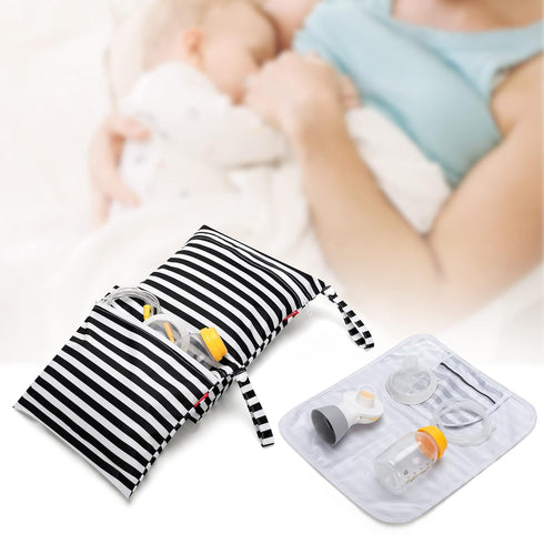 2Pack Damero Breast Pump Parts Bag, Wet Bag for Breast Pump Parts Storage with Waterproof Mat, Black Strips