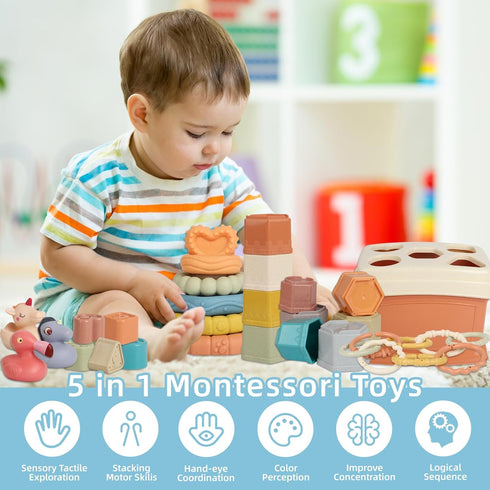 5 in 1 Montessori Baby Toys for 6-48 Months - Stacking Cups, Rings, Soft Animals, Blocks Set for Toddlers 1-3 Years