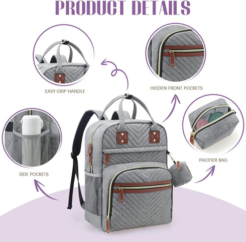 Diaper Bag Backpack, Grey Travel Essentials Tote Bag, Multi-Function Waterproof Backpack with Stroller Straps &