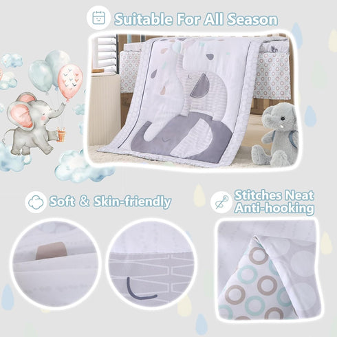 Set 3 Set, Set Wowelife Crib Bedding for Boys, Premium Piece Elephant Baby Crib Bedding Baby Nursery Crib Comforter