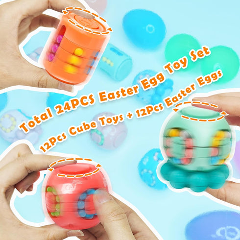 12 Pack 3.4" Jumbo Filled Easter Eggs with Toys Magic Bean Cubes, Fidget Puzzle Toy Brain Teaser Easter Basket Stuffer