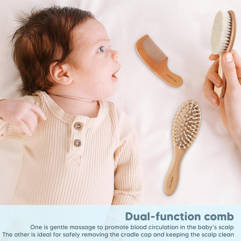 Set Set DEBETOOL Baby Hair Brush and Comb for Newborns & Toddlers - Wooden Baby Brush With Soft Goat Bristle