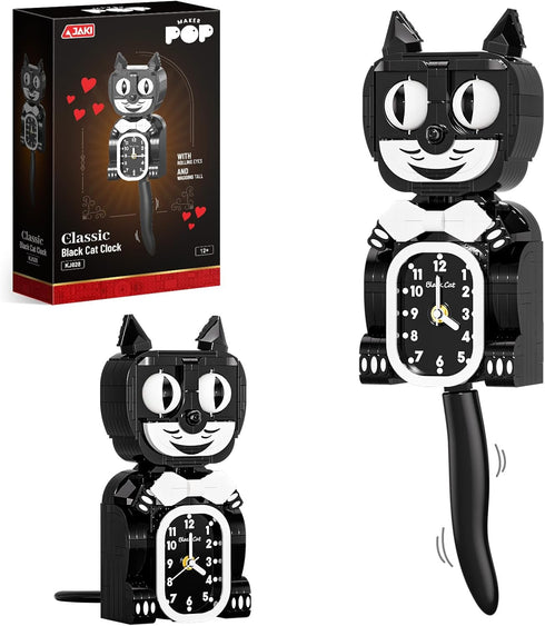 JAKI Black Cat Swing Clock Building Blocks Set,Cat Clock with Moving Eyes