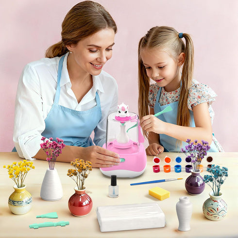 2.3in 8-12, 6-12+, Mini Pottery Wheel for Kids - Pottery Painting Craft Kit with Turntable, Clay, Flowers, Mess Free