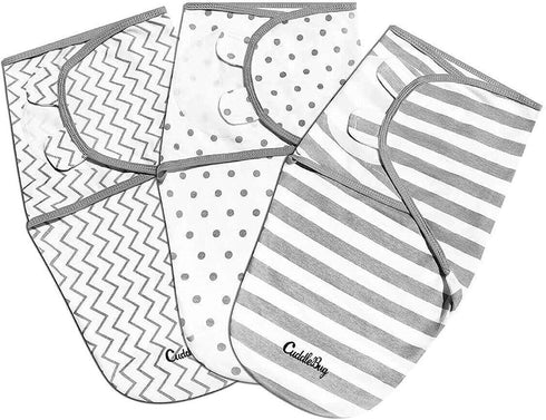 Set CuddleBug Baby Swaddle - Adjustable & Muslin Blankets (Spots & Stripes)