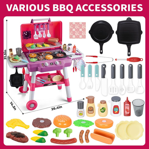 Set, Playset 2-Layer Playset, Kids Kitchen Toy Kids BBQ Grill with Smoke Sound Light, Barbecue Toy with Wheel
