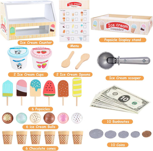 Set Counter 3+, Wooden Ice Cream Toy for Toddlers, Wooden Play Food Kitchen Accessories, Pretend Play Ice Cream Shop