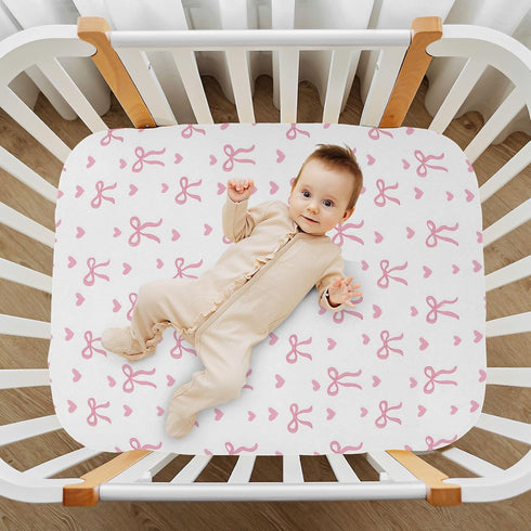Sheet,39x27IN Pfrewn Crib Sheets for Boys Girls Aesthetic Pink Ribbon Bow Fitted Crib Sheet for Mini Crib Mattress