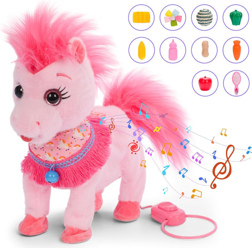 Ylpaprm Set 3+ Pink Walking Pony Interactive Talking Singing Dancing Horse Walk Along with Remote Control Leash Plush