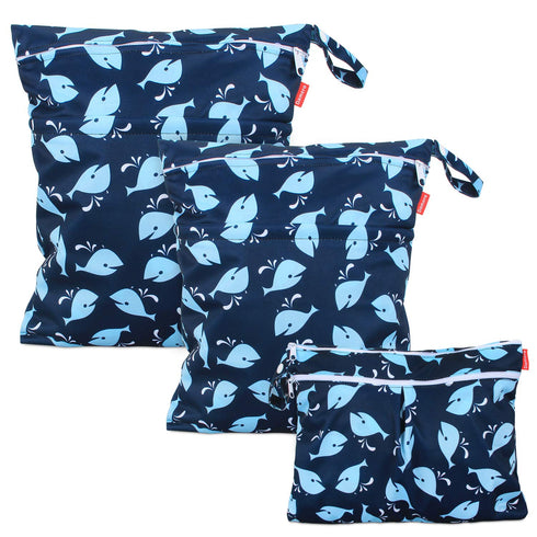 Damero 3Pcs Wet Dry Bag with 2 Zippered Pockets for Cloth Diaper, Swimsuit, Travel, Water-resistant (Whale)