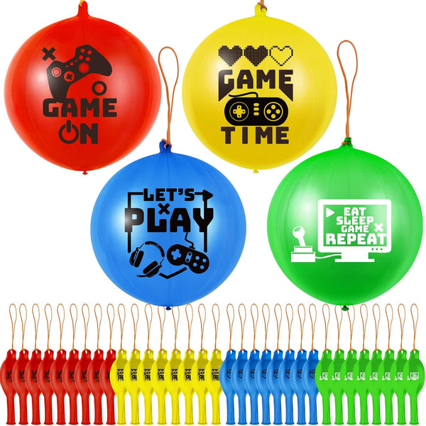 32 Pcs Video Game Punch Balloons - Pixelated Punch Balls for Birthday Party Favors, Blue, Red, Yellow, Green