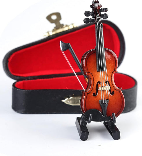 Wooden Miniature Violin with Stand, Bow, and Case, Collectible Musical Instrument Replica, 3.15"x1.18"x0.59"