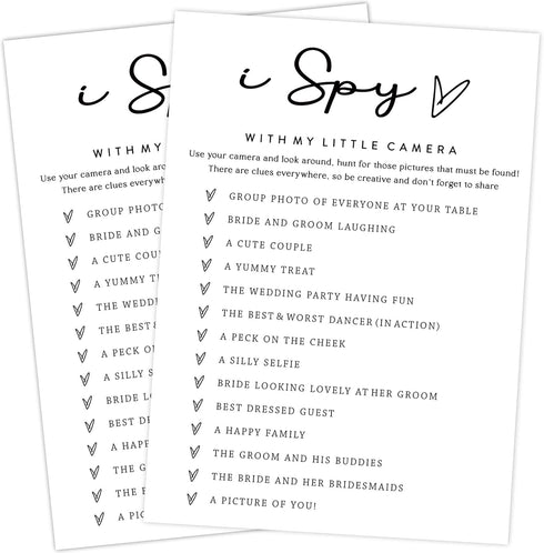 White Theme Bridal Shower Games for 25 Guests, I Spy with My Little Camera, Wedding Advice Cards, Reception Games - A02