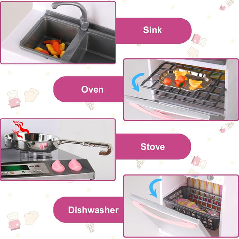 Doll Kitchen Playset for Kids - My Modern Mini Kitchen House Furniture Toy Accessories Set with Realistic Lights &