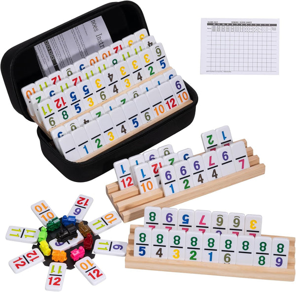 Mexican Train Dominoes Set with 91 Number Tiles, 4 Wooden Racks, Double