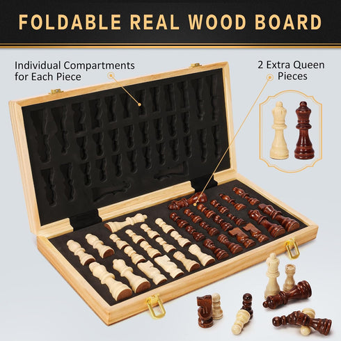 Set 15" 2 Sets Set Magnetic Wooden Chess for Adults Kids, Folding Chess Boards with Extra Queens, Portable Travel Chess