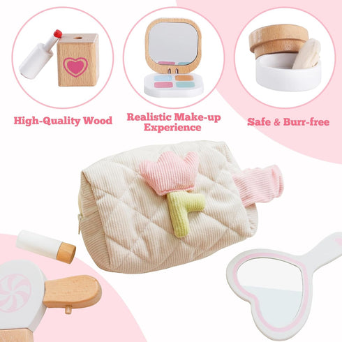 Set 16 3 4 5 6 7 8 Wooden Makeup Toy for Toddlers, Pieces Pretend Play Beauty Salon Kit with Styling Tools, Cosmetics