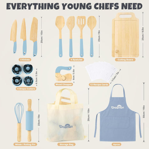 29 Set, 3 3+ PCS Wooden Kids Cooking Toddler Montessori Cooking & Baking Kitchen Tools for Real Cooking, Knifes, Real