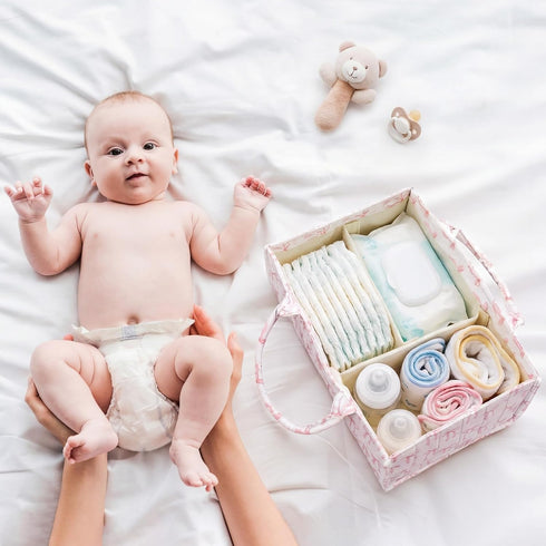 Shinylin Diaper Caddy Organizer with Pink Bow Portable Nursery Storage Basket with Handles and Removable Dividers Cute
