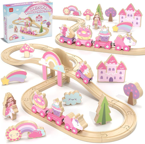 Lehoo Castle Wooden Train Set - Unicorn Train Set for Toddlers 2-4,