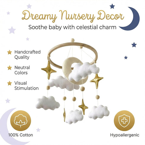 Baby Mobile for Crib - Handmade Modern Boho Baby Mobiles for Bassinet Felt Nursery Mobile Gender Neutral - Gold Moon
