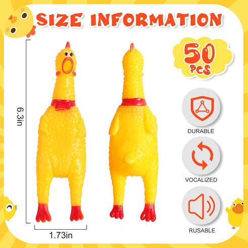 Honoson 50 6.3 Inch(Yellow) Pcs Rubber Chickens Squeak Screaming Chicken Novelty Bulk Dog Toys for Pets Dogs Adults