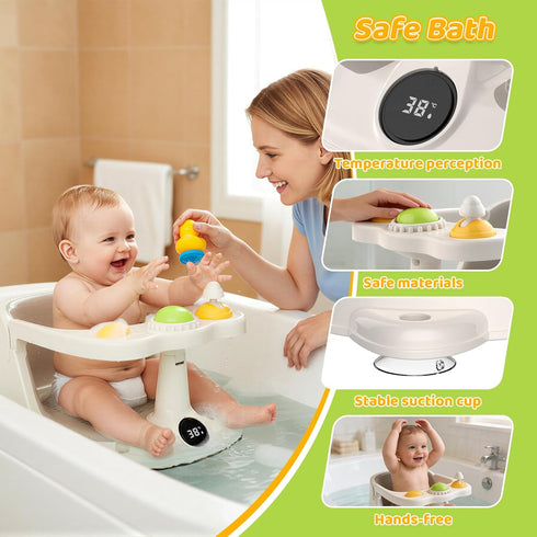 Cetuai 8-18 Baby Bath Seat for Months, Non-Slip Toddler Bath Chair with Suction Cups & Temperature Display, Ergonomic