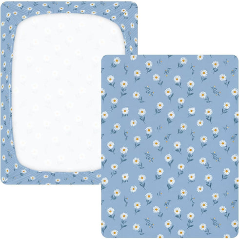 miaozhen 1 Pack 52x28 Cotton Baby Crib Sheets Comfy Breathable White Daisy Flower Pastel Blue Crib Mattress Sheet