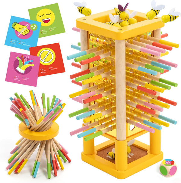 Nene Toys BeeFall Wooden Tower Game for Kids 3+ 4-in-1 Stick Drop