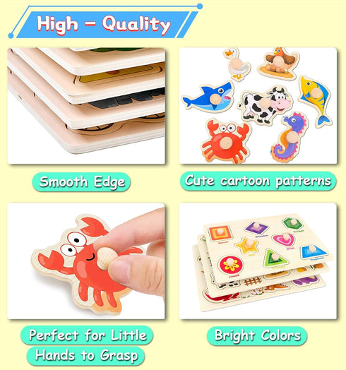 SIERLIKY Gifts-3 Wooden Peg Puzzles for Toddlers,Montessori Toddler Jigsaw for Child,Fine Motor Skill Learning Puzzle