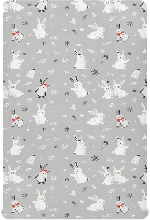 Sheet,52x28IN Pfrewn Christmas Crib Sheets for Boys Girls Cute White Bunnies Snow Fitted Crib Sheet Fits Standard Crib