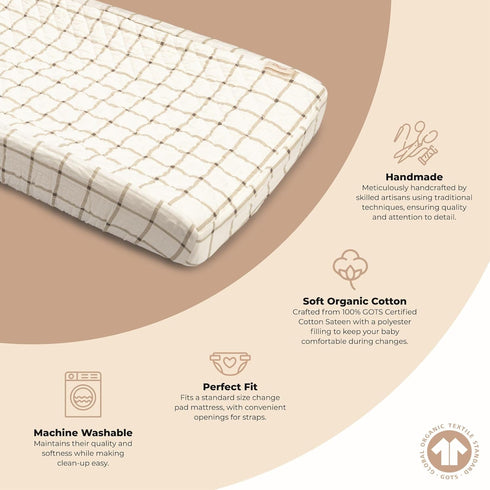 100% Crane Baby Organic Cotton Change Pad Cover, Neutral Check Pattern for Boys, Girls, Unisex, Ultra-Soft GOTS