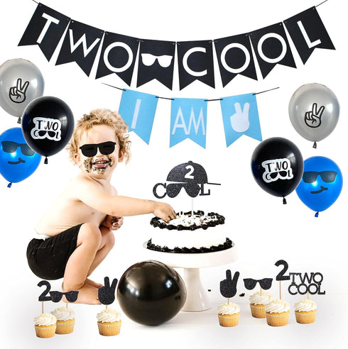 Two Cool Birthday Party Decorations - I AM TWO Banner, Balloons, Cake Topper for Little Man's 2nd Birthday