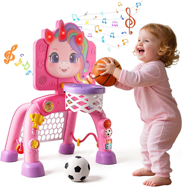 JMMICO Toddler Basketball Hoop & Soccer Goal Activity Center, Interactive Toys with