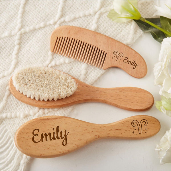 PLOVEGIFT Personalised Baby Hairbrush And Comb Set, Customizable Wooden Goat Hair Brush With