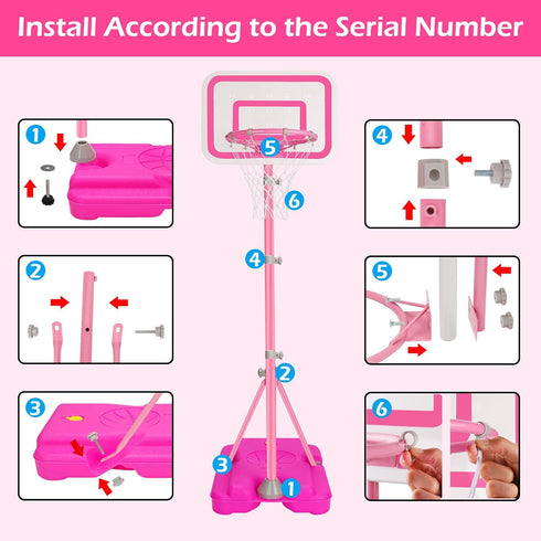 Pink Adjustable Basketball Hoop for Kids 2-6 Years, Portable Indoor/Outdoor Play