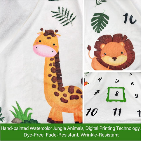 Baby Monthly Milestone Blanket Boy, Jungle Animals Newborn Month Blanket for Personalized Safari Nursery Decor