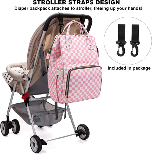 Dezcrab Backpack Backpacks Checkered Pink Baby Diaper Bag for Women, Large Capacity Waterproof Maternity Travel Nappy