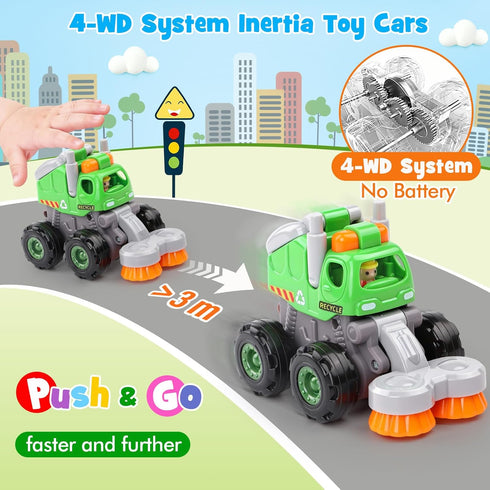 ORWINE 4PCS 2 3 4 5 2-3 Baby Boy Toys Cars, Push and Go Cars for Kids, Friction Powered Stunt Trucks, Construction