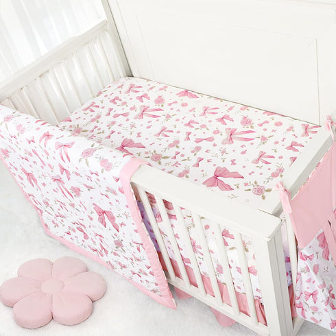 Set 4 Set Floral Crib Bedding for Girls, Pieces Pink Baby Nursery Bedding for Standard Size Crib, Including Soft
