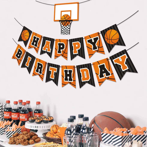 Basketball Happy Birthday Banner, Slam Dunk Party Decoration Supplies for Kids Teenagers B-day Photo Prop